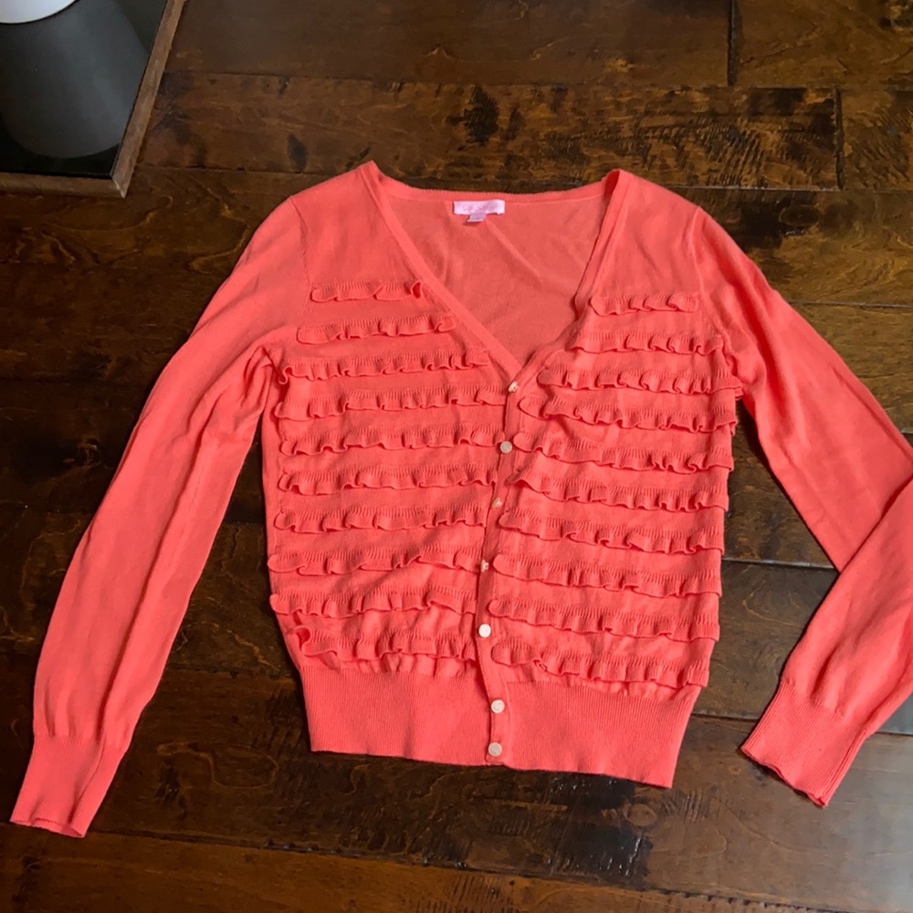 Lilly Pulitzer coral ruffle button down sweater